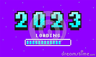 2023 pixel art banner for New Year. 2023 numbers in 8-bit retro games style and loading bar. Pixelated happy New Year Vector Illustration